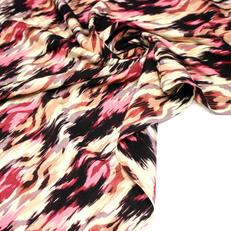 Tissu Viscose fluide motif IKAT rose, chocolat, écru - STANDARD 100 OEKO - TEX - TissusPapi.com