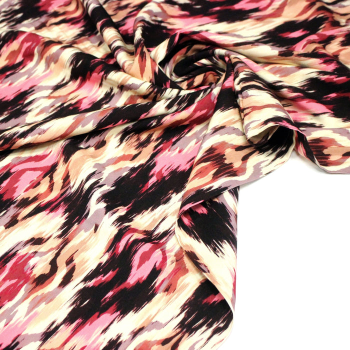 Tissu Viscose fluide motif IKAT rose, chocolat, écru - STANDARD 100 OEKO - TEX - TissusPapi.com