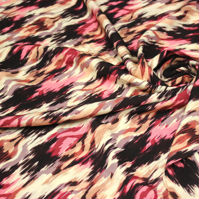 Tissu Viscose fluide motif IKAT rose, chocolat, écru - STANDARD 100 OEKO - TEX - TissusPapi.com