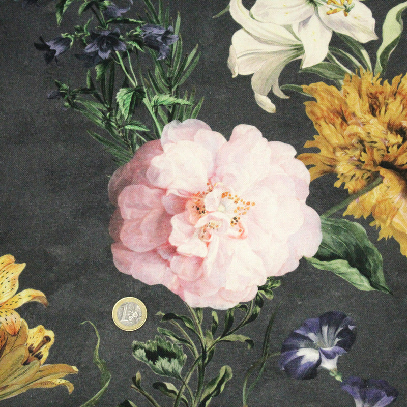 Tissu de coton demi - natté ROMANTISME aux grandes fleurs jaunes, roses et blanches - OEKO - TEX - TissusPapi.com
