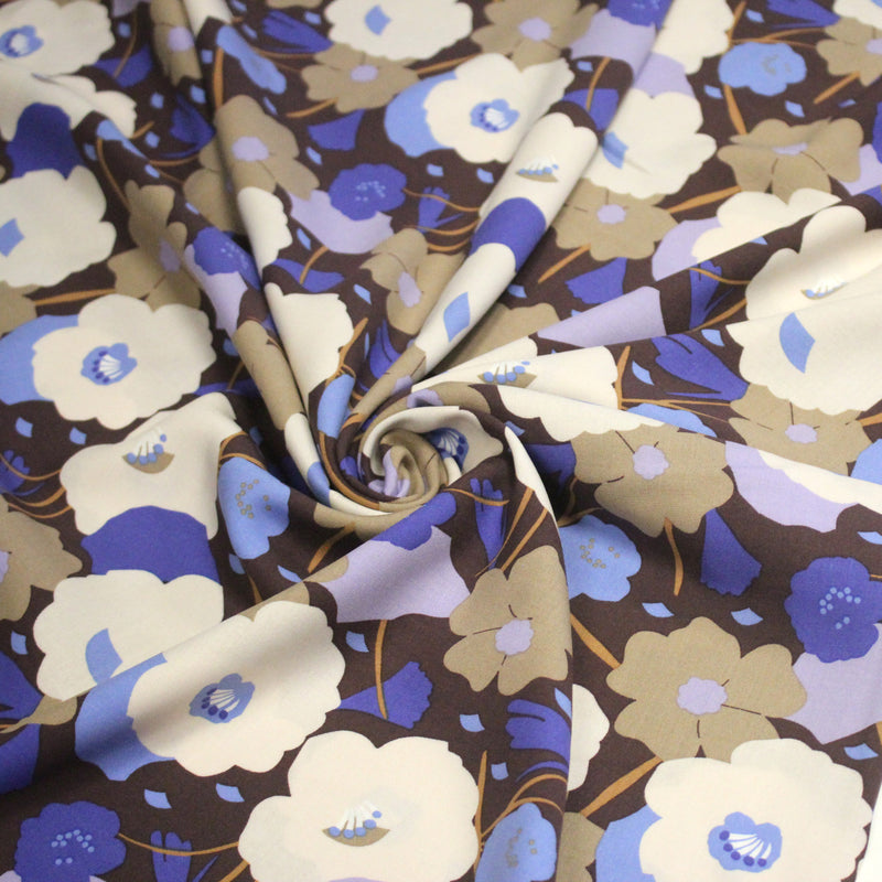 Tissu Viscose fluide GEORGINA floral marron, écru et bleu - OEKO - TEX - TissusPapi.com