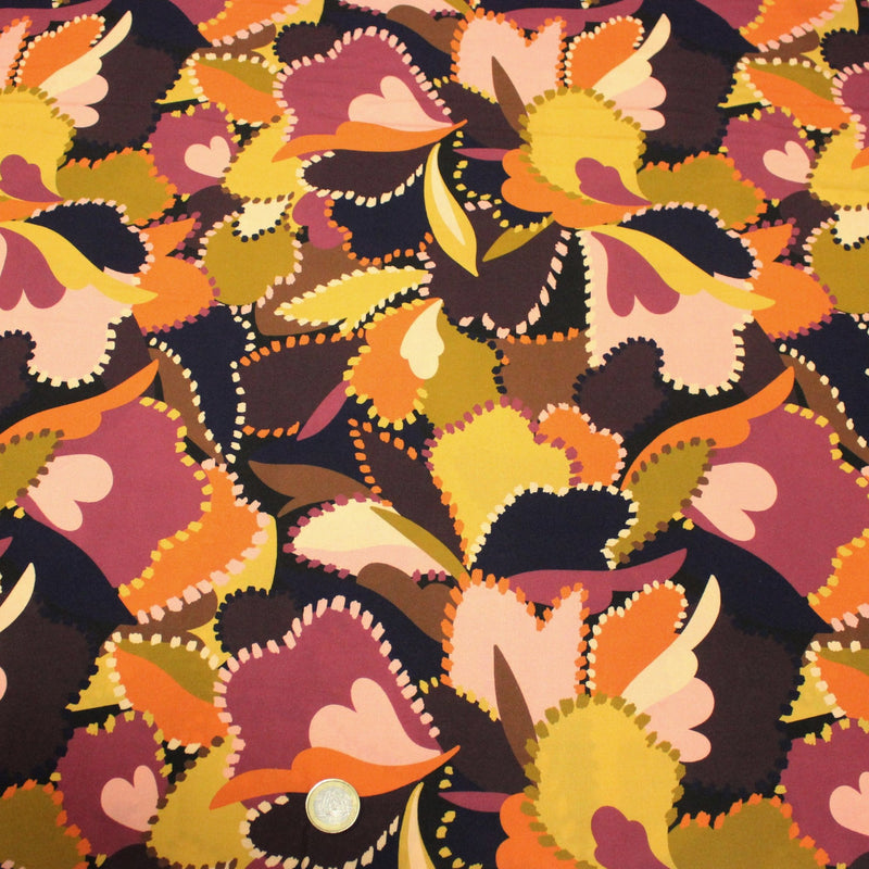 Tissu Viscose fluide BERNIE, floral rose, ocre, orange, chocolat, noir - STANDARD 100 OEKO - TEX - TissusPapi.com