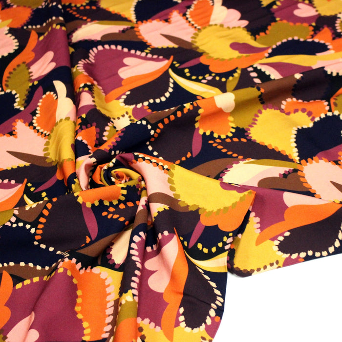 Tissu Viscose fluide BERNIE, floral rose, ocre, orange, chocolat, noir - STANDARD 100 OEKO - TEX - TissusPapi.com