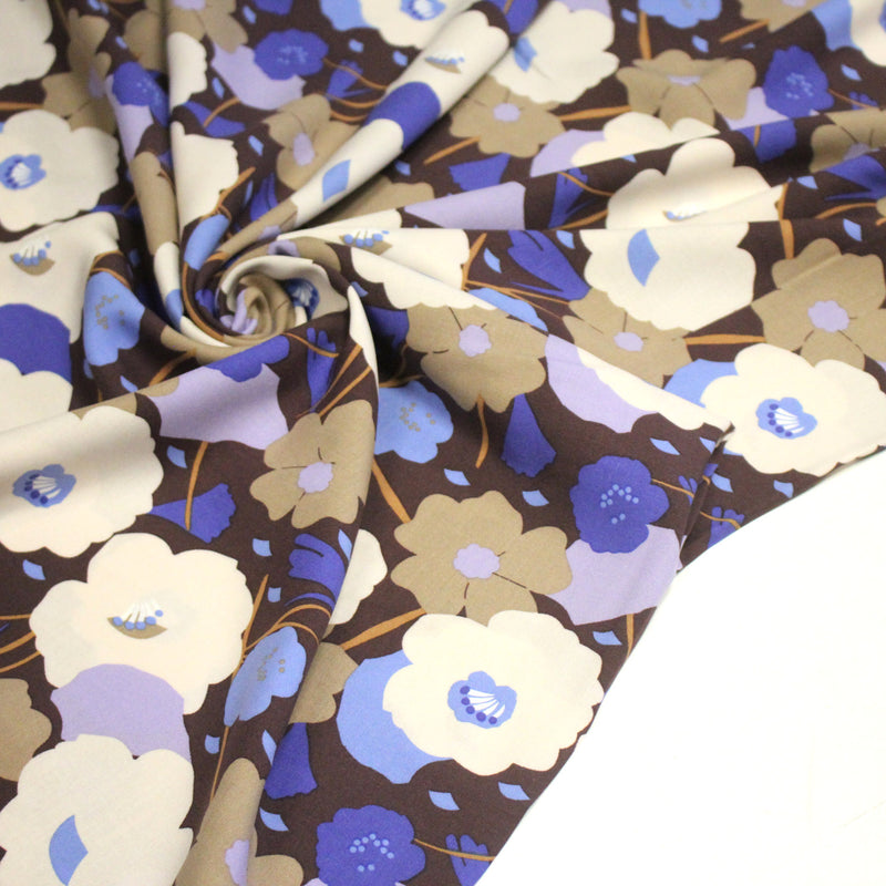 Tissu Viscose fluide GEORGINA floral marron, écru et bleu - OEKO - TEX - TissusPapi.com