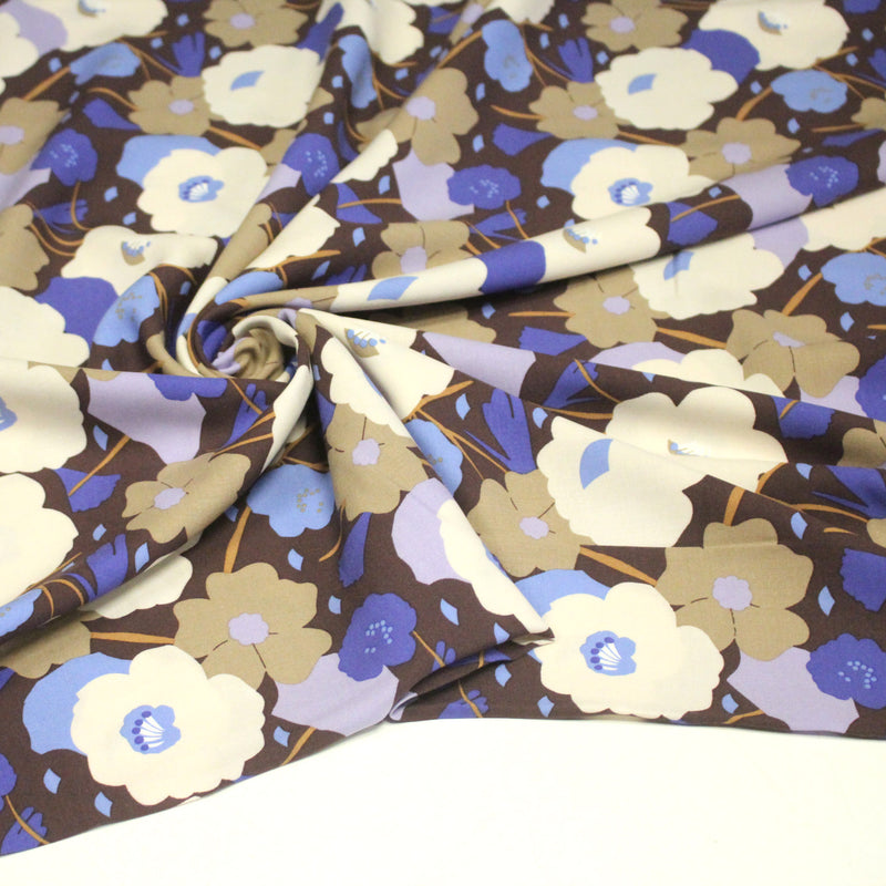 Tissu Viscose fluide GEORGINA floral marron, écru et bleu - OEKO - TEX - TissusPapi.com