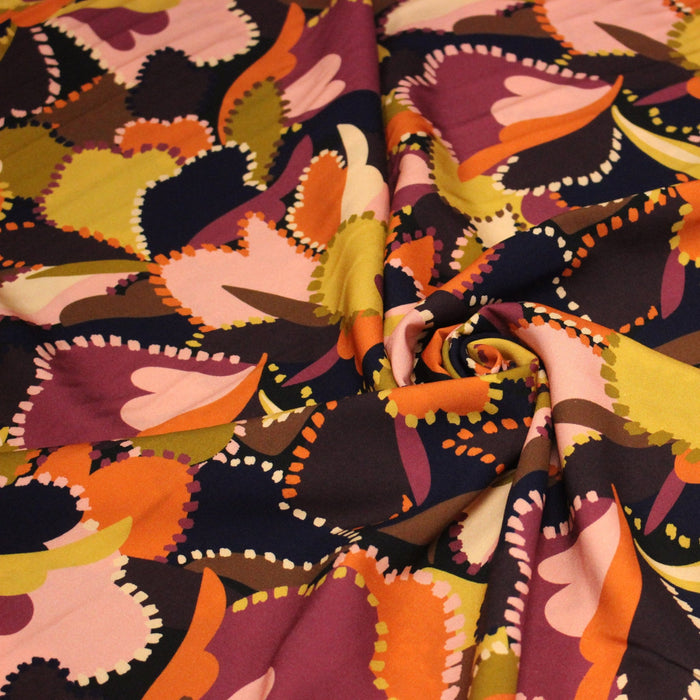 Tissu Viscose fluide BERNIE, floral rose, ocre, orange, chocolat, noir - STANDARD 100 OEKO - TEX - TissusPapi.com