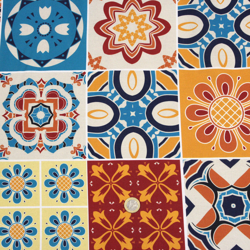 Tissu cotonnade aux carreaux de faïence multicolore - COLLECTION AZULEJOS - TissusPapi.com