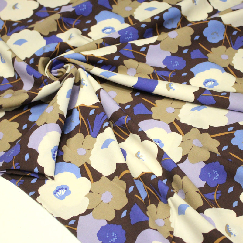 Tissu Viscose fluide GEORGINA floral marron, écru et bleu - OEKO - TEX - TissusPapi.com