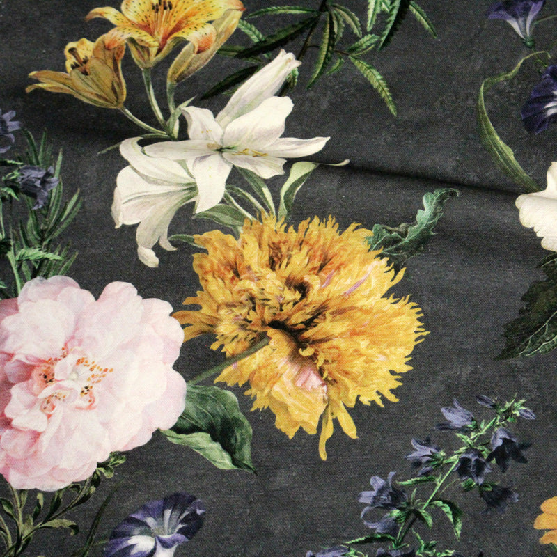 Tissu de coton demi - natté ROMANTISME aux grandes fleurs jaunes, roses et blanches - OEKO - TEX - TissusPapi.com