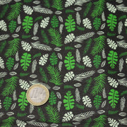 Tissu popeline coton noir aux fougères et feuilles tropicales vertes - TissusPapi.com