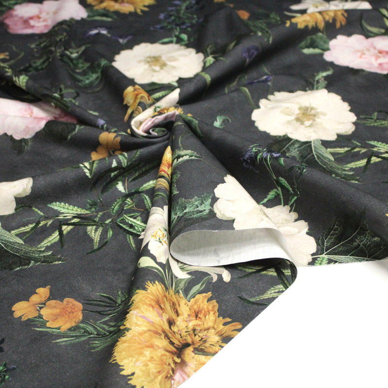 Tissu de coton demi - natté ROMANTISME aux grandes fleurs jaunes, roses et blanches - OEKO - TEX - TissusPapi.com