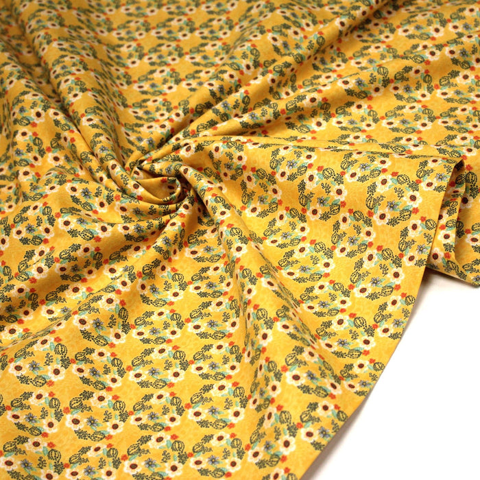 Tissu popeline coton jaune, cactus et fleurs de cactus vertes & oranges - TissusPapi.com