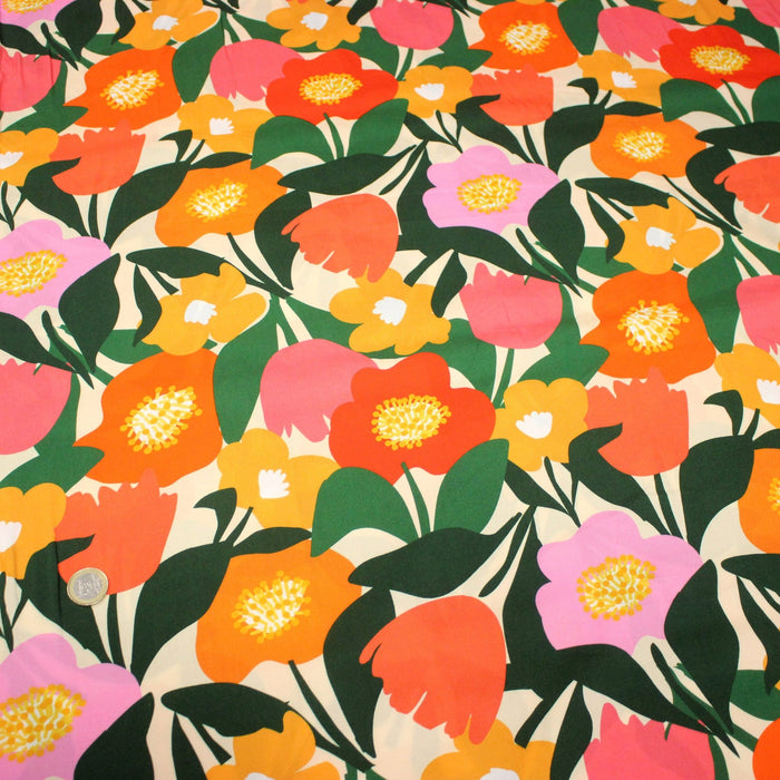 Tissu Viscose fluide BIGFLO, aux belles fleurs roses, rouges, oranges - STANDARD 100 OEKO - TEX - TissusPapi.com