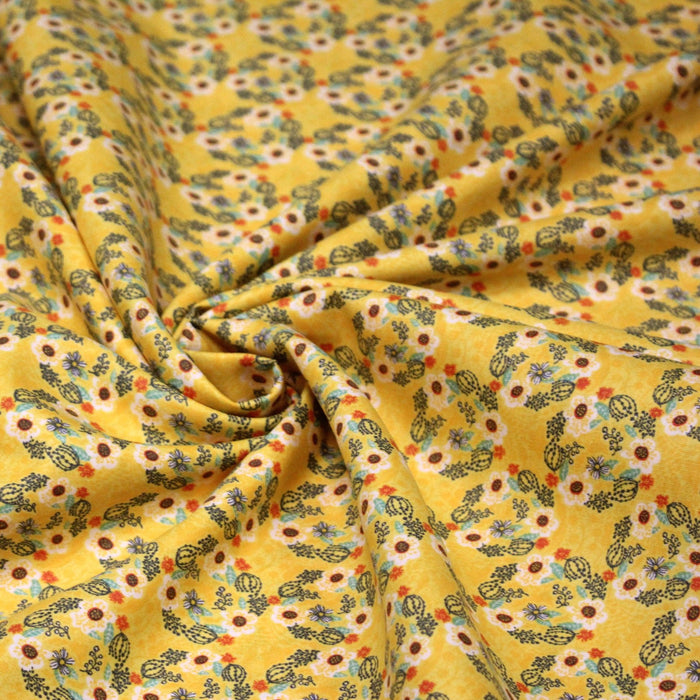 Tissu popeline coton jaune, cactus et fleurs de cactus vertes & oranges - TissusPapi.com