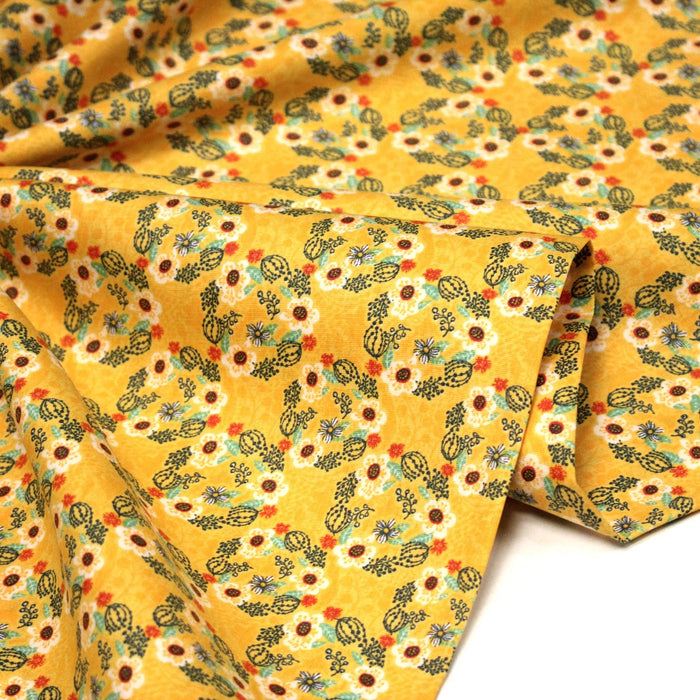 Tissu popeline coton jaune, cactus et fleurs de cactus vertes & oranges - TissusPapi.com