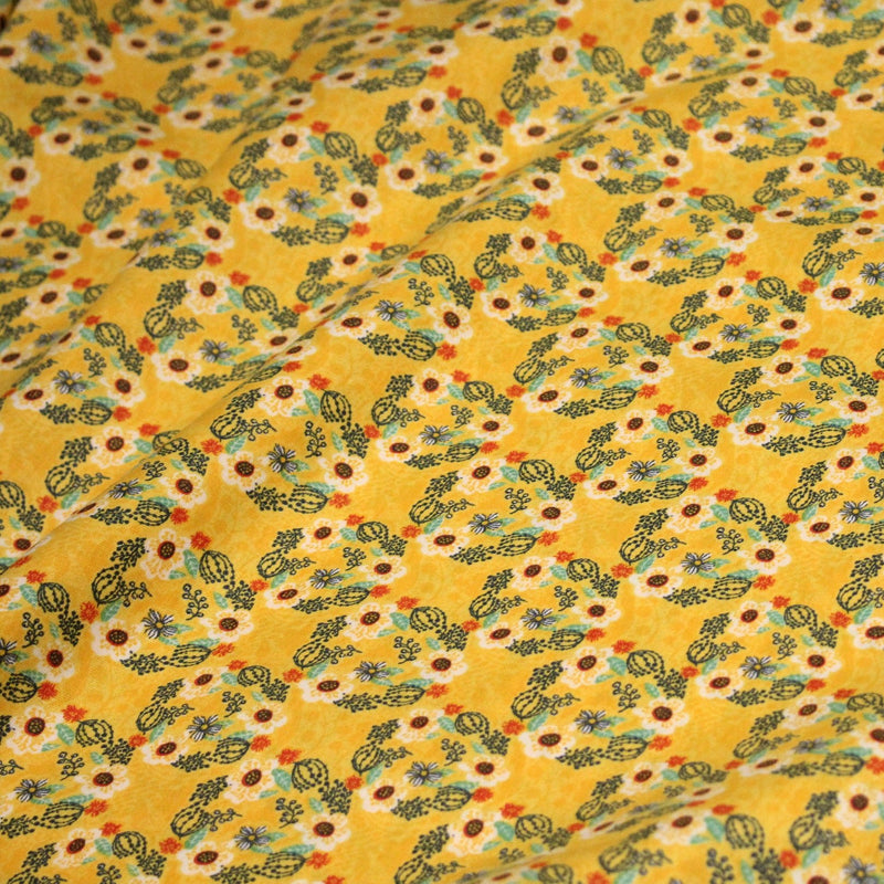 Tissu popeline coton jaune, cactus et fleurs de cactus vertes & oranges - TissusPapi.com