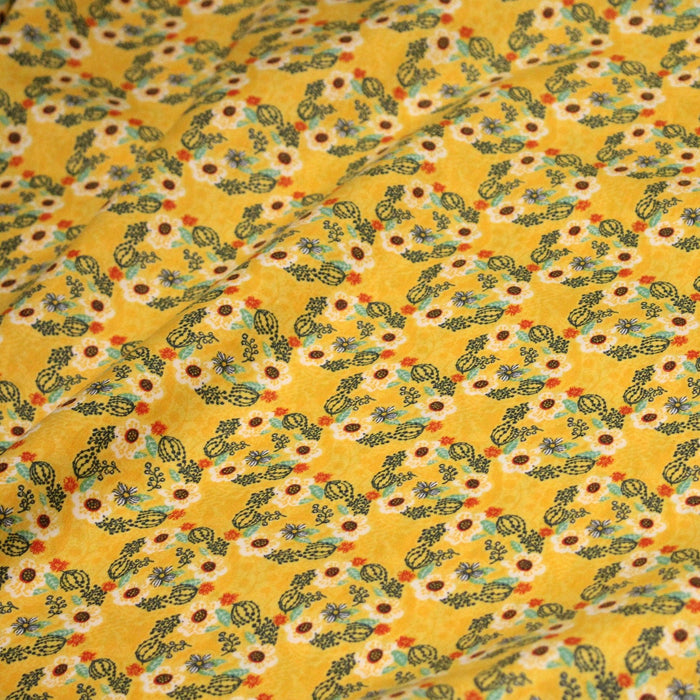 Tissu popeline coton jaune, cactus et fleurs de cactus vertes & oranges - TissusPapi.com