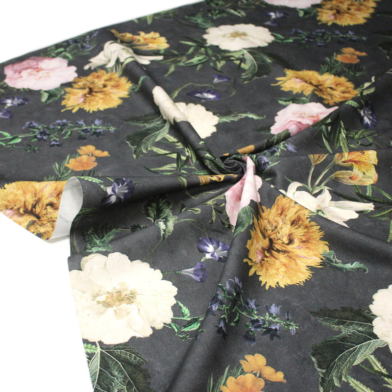 Tissu de coton demi - natté ROMANTISME aux grandes fleurs jaunes, roses et blanches - OEKO - TEX - TissusPapi.com