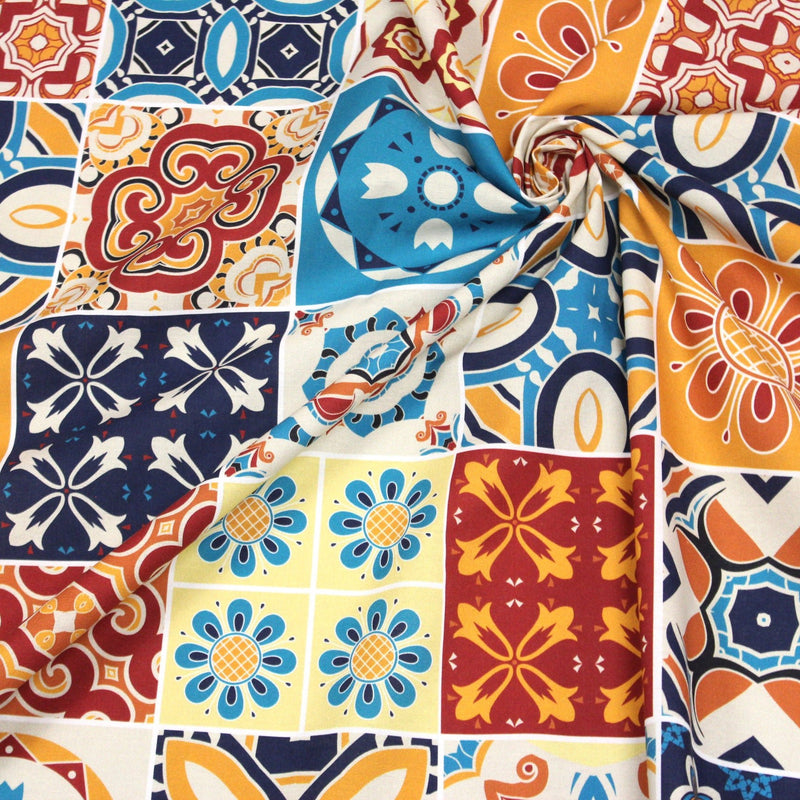Tissu cotonnade aux carreaux de faïence multicolore - COLLECTION AZULEJOS - TissusPapi.com