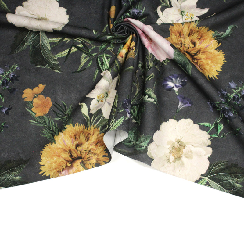 Tissu de coton demi - natté ROMANTISME aux grandes fleurs jaunes, roses et blanches - OEKO - TEX - TissusPapi.com