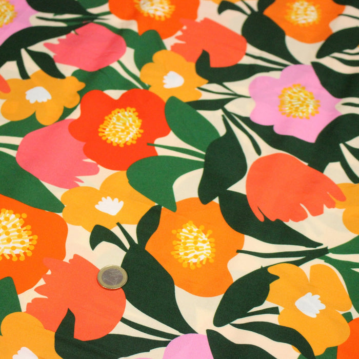Tissu Viscose fluide BIGFLO, aux belles fleurs roses, rouges, oranges - STANDARD 100 OEKO - TEX - TissusPapi.com