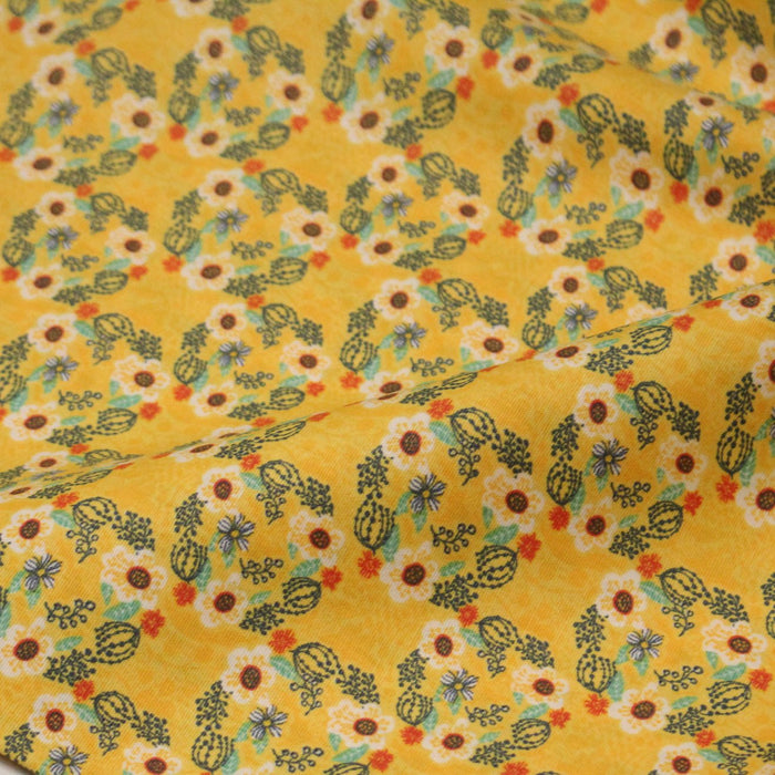 Tissu popeline coton jaune, cactus et fleurs de cactus vertes & oranges - TissusPapi.com