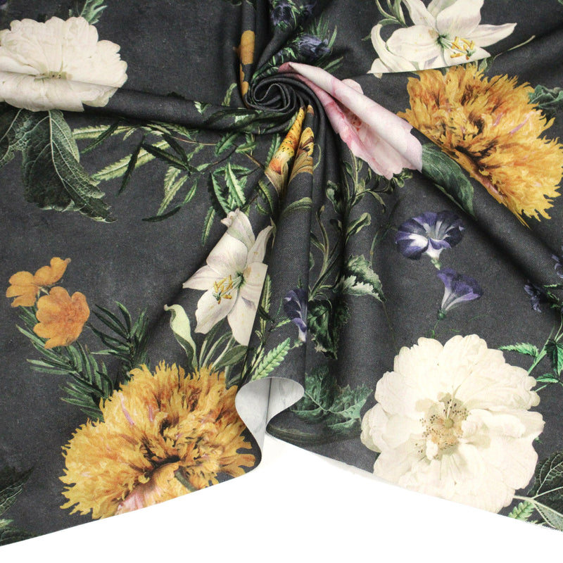 Tissu de coton demi - natté ROMANTISME aux grandes fleurs jaunes, roses et blanches - OEKO - TEX - TissusPapi.com