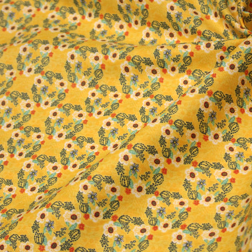 Tissu popeline coton jaune, cactus et fleurs de cactus vertes & oranges - TissusPapi.com