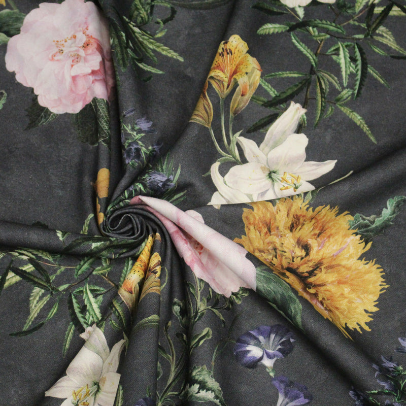 Tissu de coton demi - natté ROMANTISME aux grandes fleurs jaunes, roses et blanches - OEKO - TEX - TissusPapi.com
