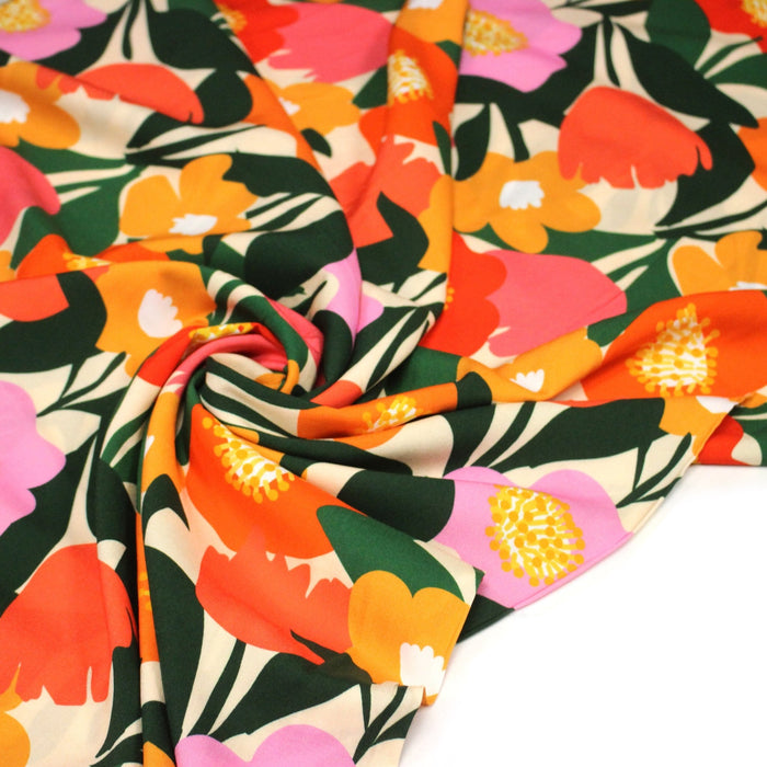 Tissu Viscose fluide BIGFLO, aux belles fleurs roses, rouges, oranges - STANDARD 100 OEKO - TEX - TissusPapi.com