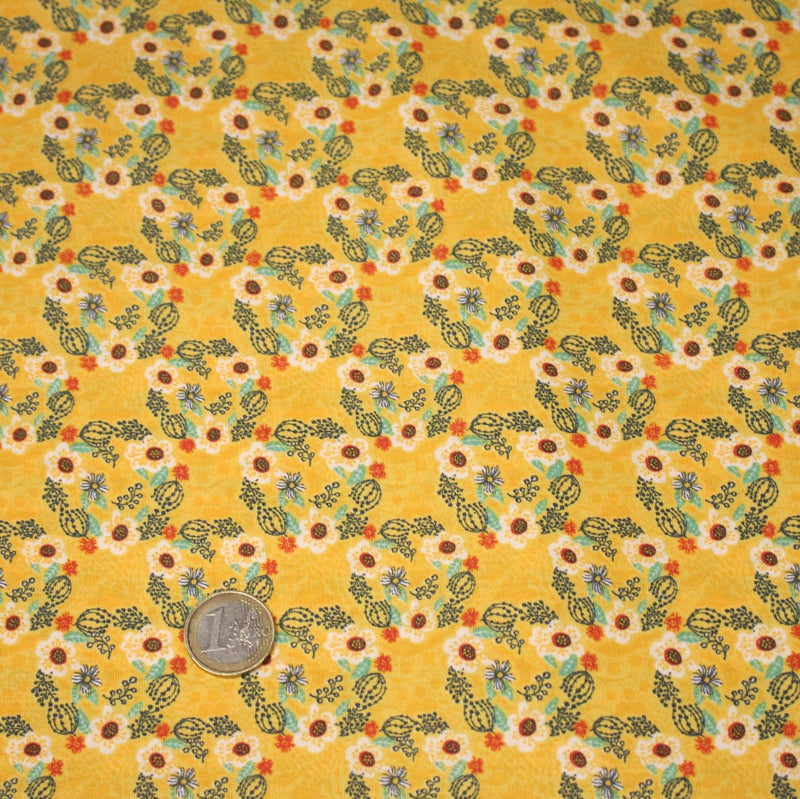 Tissu popeline coton jaune, cactus et fleurs de cactus vertes & oranges - TissusPapi.com