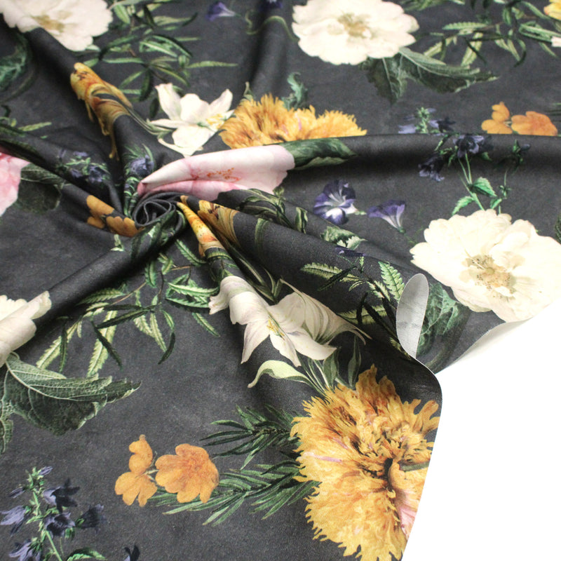Tissu de coton demi - natté ROMANTISME aux grandes fleurs jaunes, roses et blanches - OEKO - TEX - TissusPapi.com