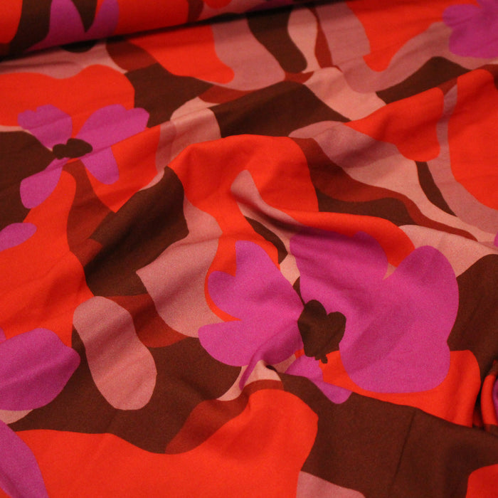 Tissu Viscose fluide AIMAEL fleuri abstrait rouge et rose - OEKO-TEX