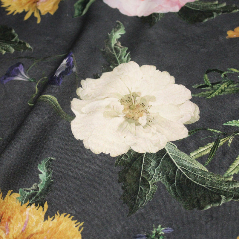Tissu de coton demi - natté ROMANTISME aux grandes fleurs jaunes, roses et blanches - OEKO - TEX - TissusPapi.com