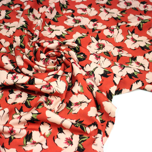 Tissu Viscose fluide SOLINE, rouge aux fleurs roses et noires - STANDARD 100 OEKO - TEX - TissusPapi.com