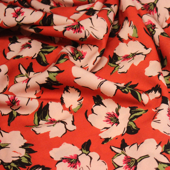 Tissu Viscose fluide SOLINE, rouge aux fleurs roses et noires - STANDARD 100 OEKO - TEX - TissusPapi.com
