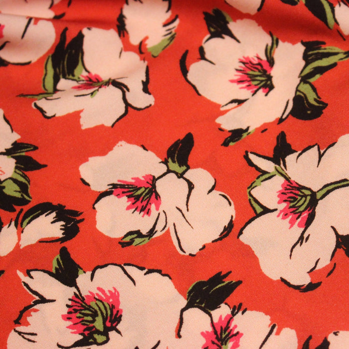 Tissu Viscose fluide SOLINE, rouge aux fleurs roses et noires - STANDARD 100 OEKO - TEX - TissusPapi.com