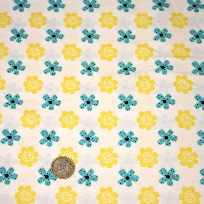 Tissu popeline coton blanc aux fleurs graphiques jaunes et bleues - TissusPapi.com