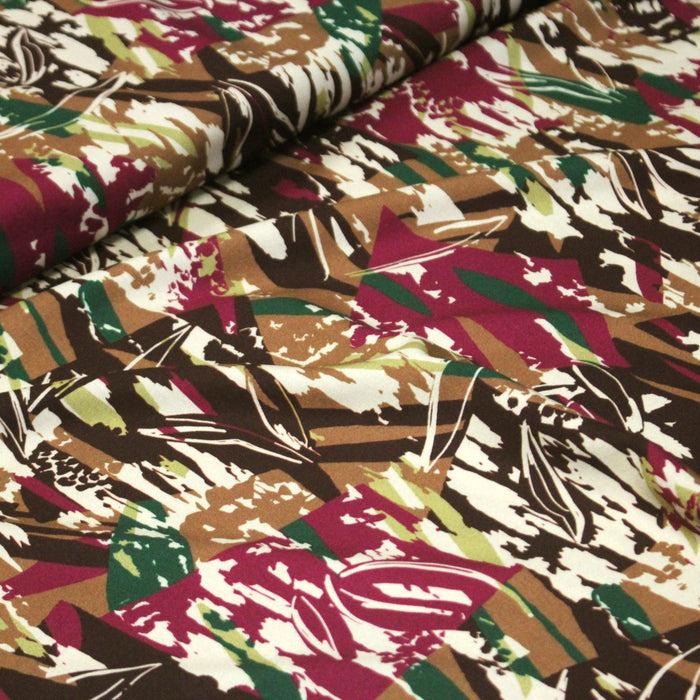 Tissu Viscose fluide MASSIO, motif graphique ocre, vert, rouge lie de vin - OEKO-TEX