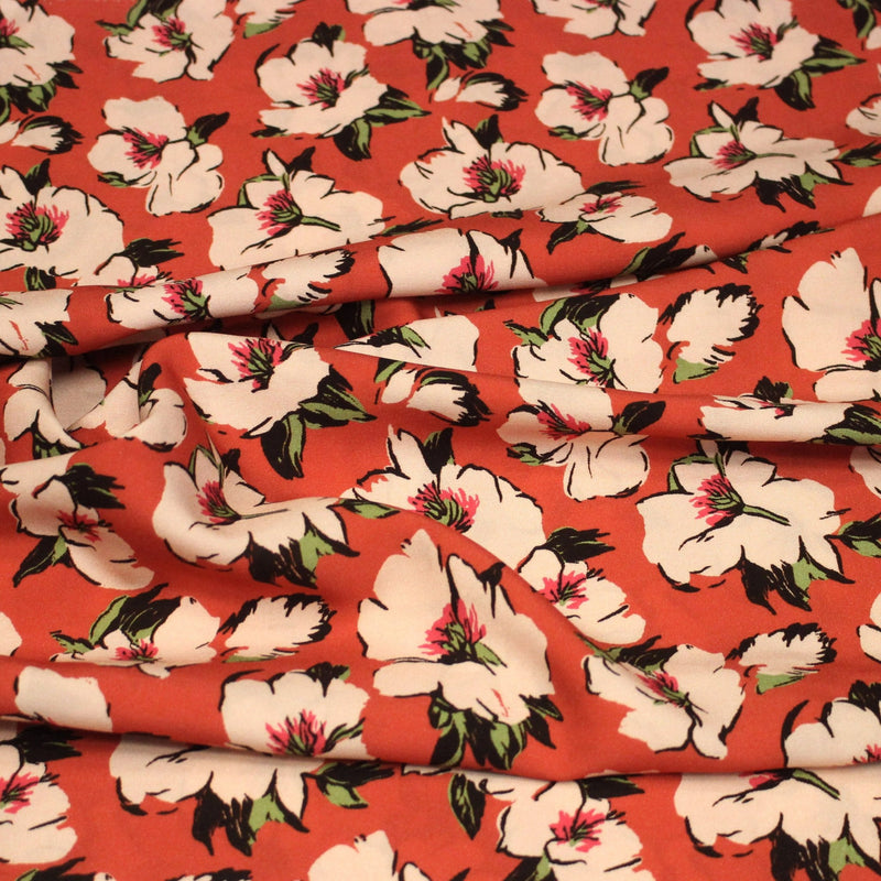 Tissu Viscose fluide SOLINE, rouge aux fleurs roses et noires - STANDARD 100 OEKO - TEX - TissusPapi.com