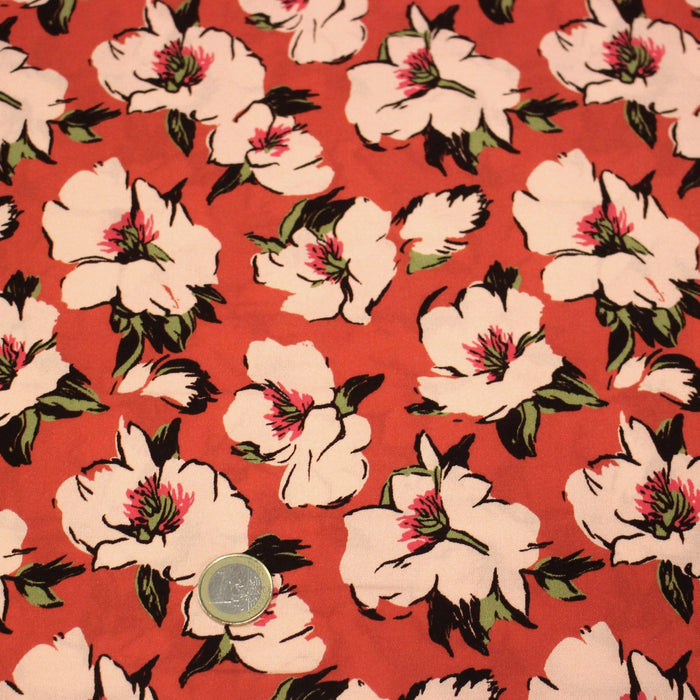 Tissu Viscose fluide SOLINE, rouge aux fleurs roses et noires - STANDARD 100 OEKO - TEX - TissusPapi.com