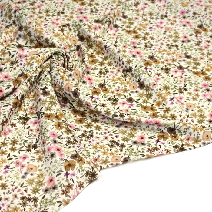 Tissu Viscose fluide ROMANE, motif fleuri ocre et rose - OEKO-TEX