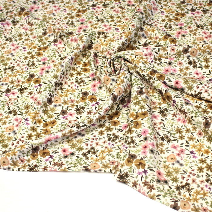 Tissu Viscose fluide ROMANE, motif fleuri ocre et rose - OEKO-TEX