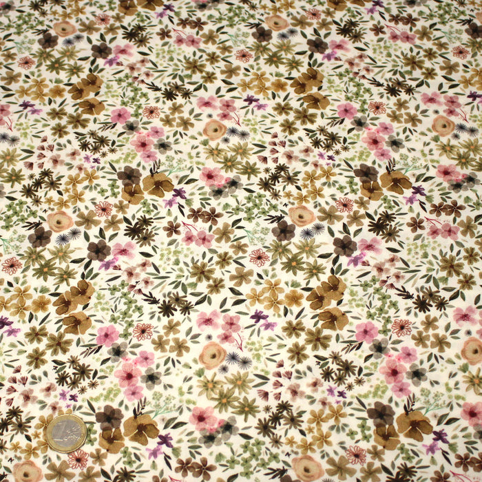 Tissu Viscose fluide ROMANE, motif fleuri ocre et rose - OEKO-TEX