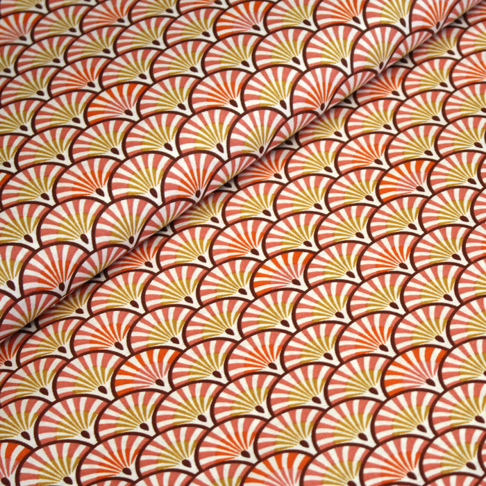 Tissu de coton motif ART DÉCO aux éventails jaunes, roses et oranges - OEKO-TEX