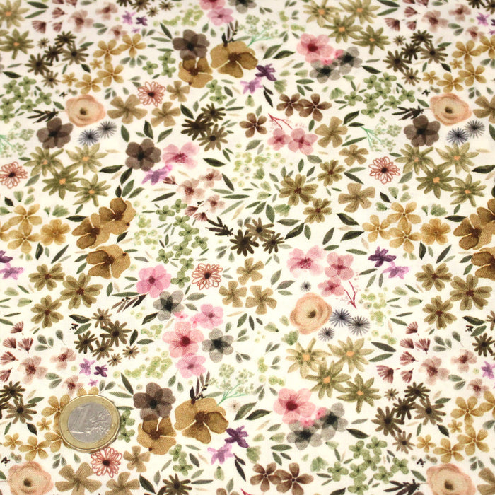 Tissu Viscose fluide ROMANE, motif fleuri ocre et rose - OEKO-TEX