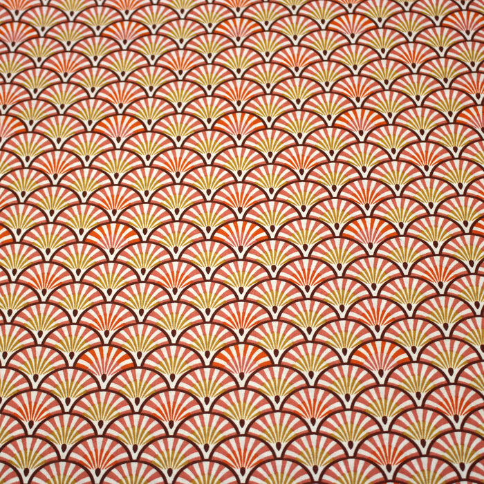 Tissu de coton motif ART DÉCO aux éventails jaunes, roses et oranges - OEKO-TEX