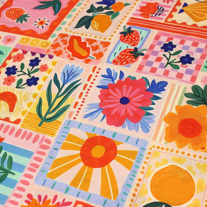 Tissu Viscose fluide Fruits en couleurs, palmiers et fleurs - COLLECTION SICILIA - STANDARD 100 OEKO - TEX - TissusPapi.com