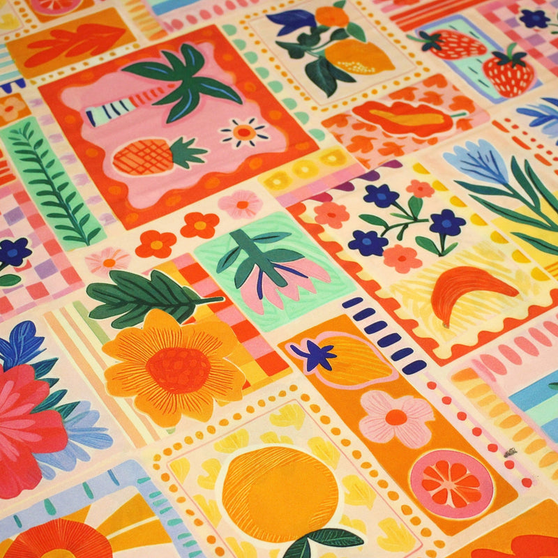 Tissu Viscose fluide Fruits en couleurs, palmiers et fleurs - COLLECTION SICILIA - STANDARD 100 OEKO - TEX - TissusPapi.com