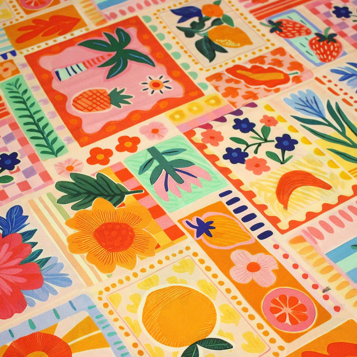 Tissu Viscose fluide Fruits en couleurs, palmiers et fleurs - COLLECTION SICILIA - STANDARD 100 OEKO - TEX - TissusPapi.com